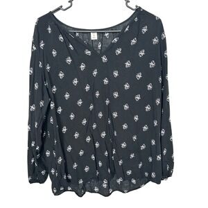 Old Navy Black Floral Blouse Single Button Cuffs V Neckline Women's Size XL